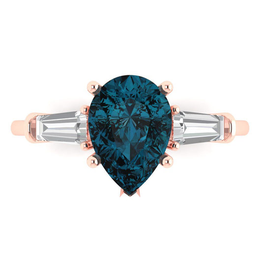 2.5 cttw Natural London Blue Topaz Three-Stone Engagement Ring - Solid Rose Gold (VVS1, Pear Cut,10x7mm)