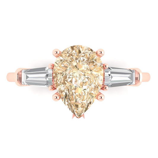 2.5 cttw Natural Morganite Three-Stone Engagement Ring - Solid Rose Gold (VVS1, Pear Cut,10x7mm)