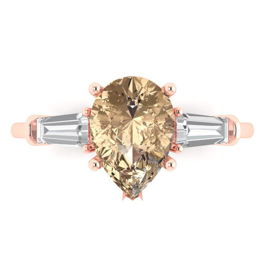 2.5 cttw Yellow Moissanite Three-Stone Engagement Ring - Solid Rose Gold (VVS1, Pear Cut,10x7mm)