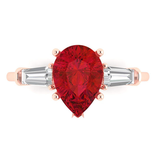 2.5 cttw Simulated Ruby Three-Stone Engagement Ring - Solid Rose Gold (VVS1, Pear Cut,10x7mm)