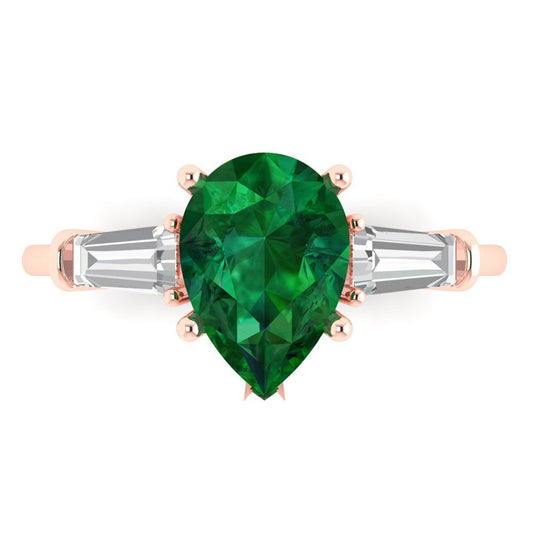 2.5 cttw Simulated Emerald Three-Stone Engagement Ring - Solid Rose Gold (VVS1, Pear Cut,10x7mm)