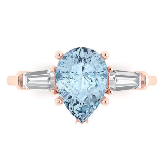 2.5 cttw Natural Aquamarine Three-Stone Engagement Ring - Solid Rose Gold (VVS1, Pear Cut,10x7mm)