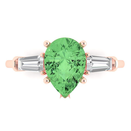 2.5 cttw Zirconia Simulated Green Diamond Three-Stone Engagement Ring - Solid Rose Gold (VVS1, Pear Cut,10x7mm)