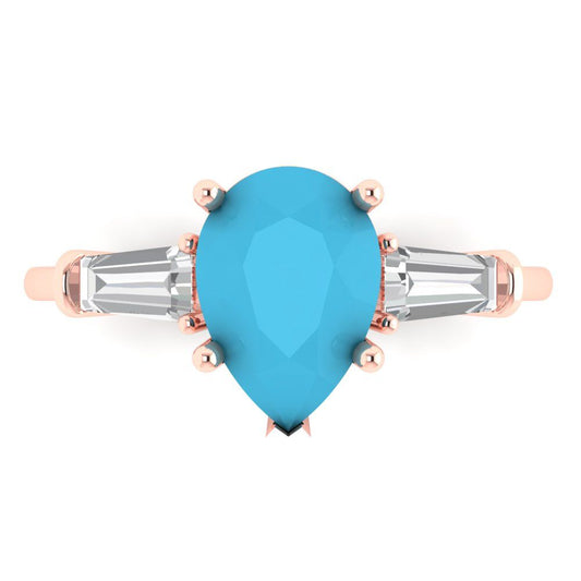 2.5 cttw Simulated Turquoise Three-Stone Engagement Ring - Solid Rose Gold (VVS1, Pear Cut,10x7mm)