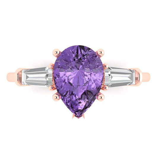 2.5 cttw Simulated Alexandrite Three-Stone Engagement Ring - Solid Rose Gold (VVS1, Pear Cut,10x7mm)