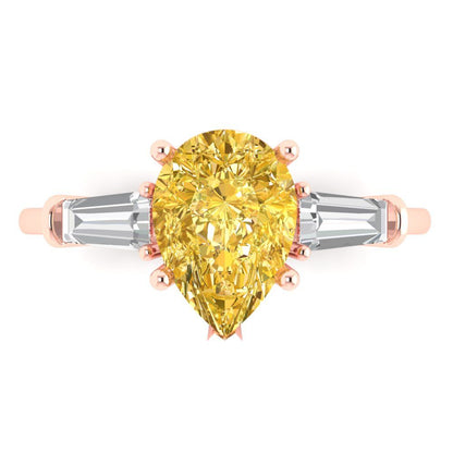 2.5 cttw Zirconia Simulated Yellow Diamond Three-Stone Engagement Ring - Solid Gold (VVS1, Pear Cut,10x7mm)