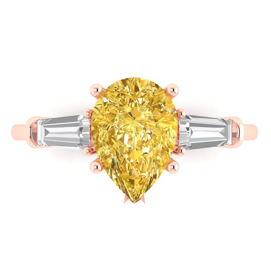 2.5 cttw Zirconia Simulated Yellow Diamond Three-Stone Engagement Ring - Solid Rose Gold (VVS1, Pear Cut,10x7mm)