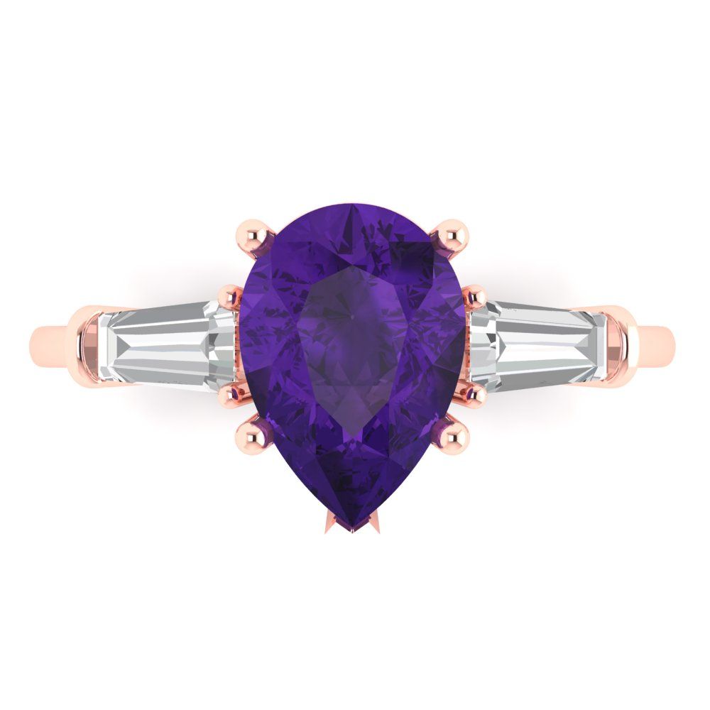 2.5 cttw Natural Amethyst Three-Stone Engagement Ring - Solid Gold (Pear Cut,10x7mm)