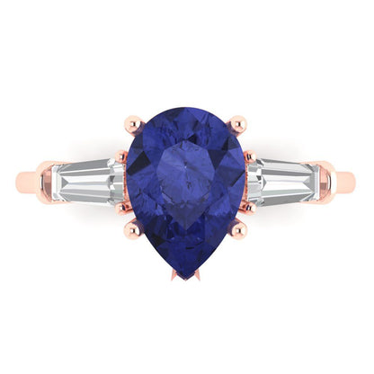 2.5 cttw Simulated Tanzanite Three-Stone Engagement Ring - Solid Gold (Pear Cut,10x7mm)