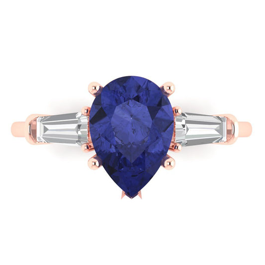 2.5 cttw Simulated Tanzanite Three-Stone Engagement Ring - Solid Rose Gold (VVS1, Pear Cut,10x7mm)