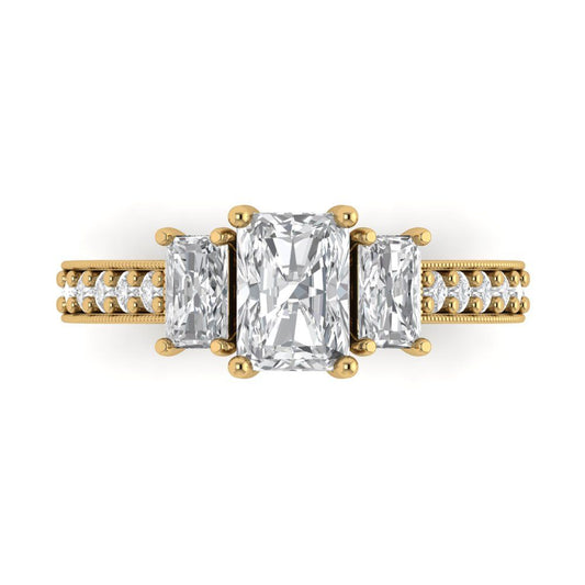 1.88 cttw Zirconia Simulated Diamond Three-Stone Engagement Ring - Solid Yellow Gold (VVS1, Emerald Cut,7x5mm)