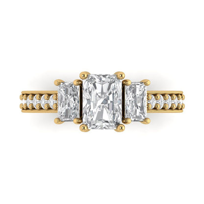1.88 cttw Certified Moissanite Three-Stone Engagement Ring - Solid Gold (VVS1, D-F,Emerald Cut,7x5mm)