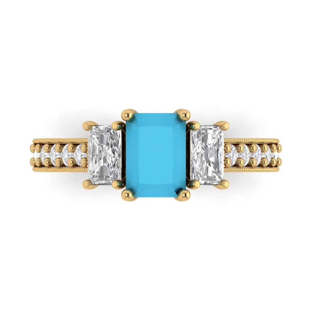 1.88 cttw Simulated Turquoise Three-Stone Engagement Ring - Solid Gold (Emerald Cut,7x5mm)