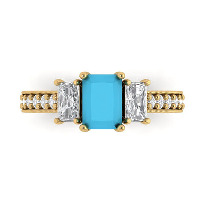 1.88 cttw Simulated Turquoise Three-Stone Engagement Ring - Solid Gold (Emerald Cut,7x5mm)