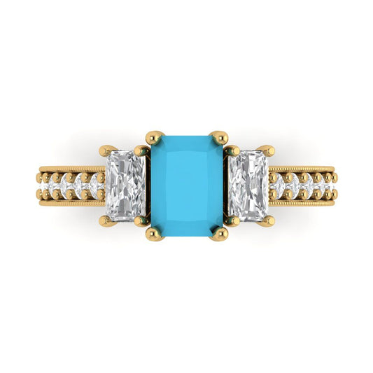 1.88 cttw Simulated Turquoise Three-Stone Engagement Ring - Solid Yellow Gold (VVS1, Emerald Cut,7x5mm)