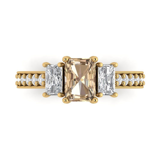 1.88 cttw Yellow Moissanite Three-Stone Engagement Ring - Solid Yellow Gold (VVS1, Emerald Cut,7x5mm)