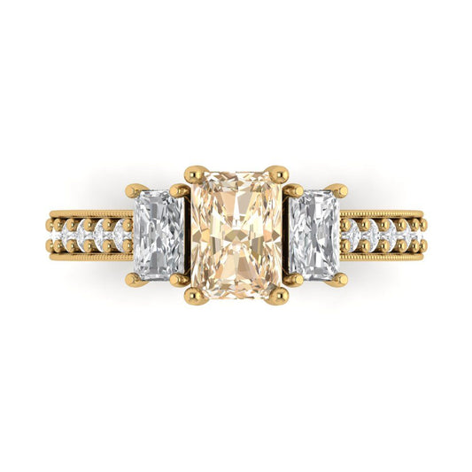 1.88 cttw Natural Morganite Three-Stone Engagement Ring - Solid Yellow Gold (VVS1, Emerald Cut,7x5mm)