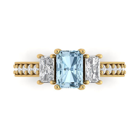 1.88 cttw Zirconia Simulated Blue Diamond Three-Stone Engagement Ring - Solid Yellow Gold (VVS1, Emerald Cut,7x5mm)