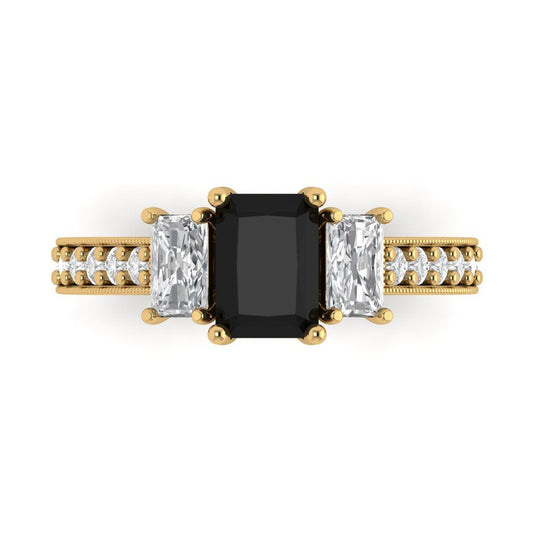 1.88 cttw Natural Onyx Three-Stone Engagement Ring - Solid Yellow Gold (VVS1, Emerald Cut,7x5mm)