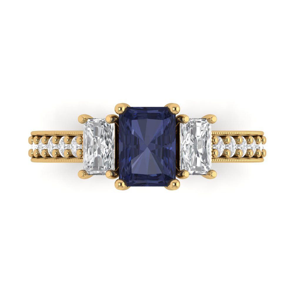 1.88 cttw Simulated Blue Sapphire Three-Stone Engagement Ring - Solid Gold (Emerald Cut,7x5mm)