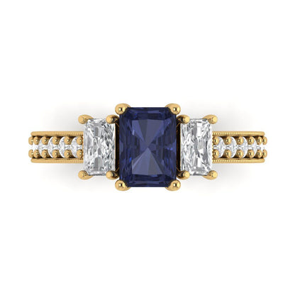 1.88 cttw Simulated Blue Sapphire Three-Stone Engagement Ring - Solid Gold (Emerald Cut,7x5mm)