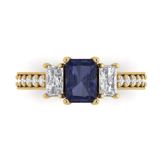 1.88 cttw Simulated Blue Sapphire Three-Stone Engagement Ring - Solid Yellow Gold (VVS1, Emerald Cut,7x5mm)
