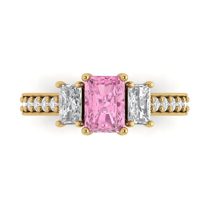 1.88 cttw Zirconia Simulated Pink Diamond Three-Stone Engagement Ring - Solid Gold (VVS1, Emerald Cut,7x5mm)