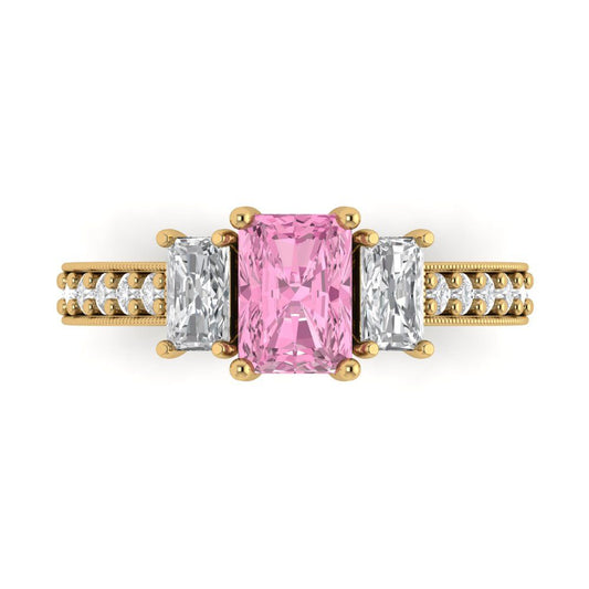 1.88 cttw Zirconia Simulated Pink Diamond Three-Stone Engagement Ring - Solid Yellow Gold (VVS1, Emerald Cut,7x5mm)