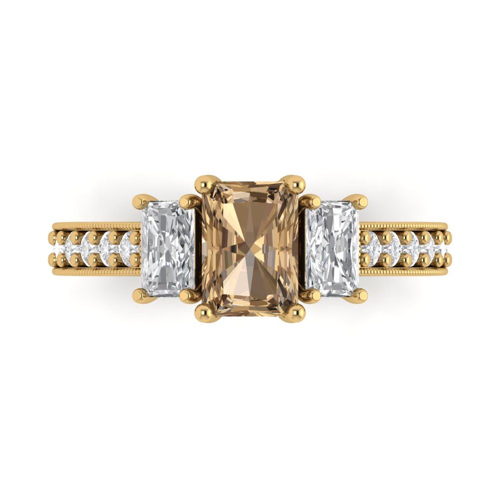 1.88 cttw Zirconia Simulated Champagne Diamond Three-Stone Engagement Ring - Solid Gold (VVS1, Emerald Cut,7x5mm)