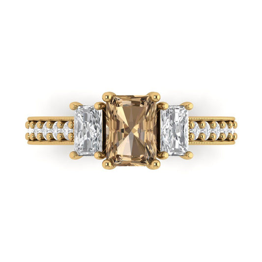 1.88 cttw Zirconia Simulated Champagne Diamond Three-Stone Engagement Ring - Solid Yellow Gold (VVS1, Emerald Cut,7x5mm)