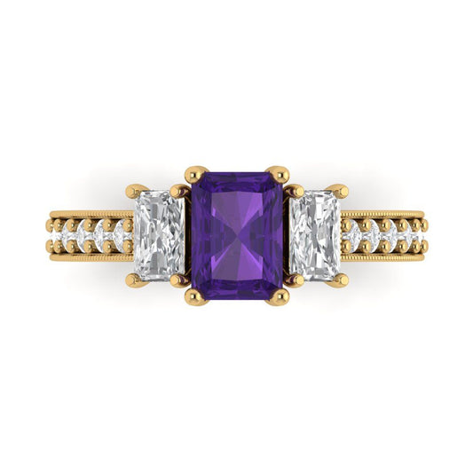 1.88 cttw Natural Amethyst Three-Stone Engagement Ring - Solid Yellow Gold (VVS1, Emerald Cut,7x5mm)