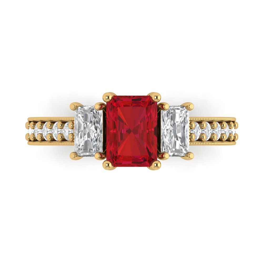 1.88 cttw Simulated Pink Tourmaline Three-Stone Engagement Ring - Solid Yellow Gold (VVS1, Emerald Cut,7x5mm)