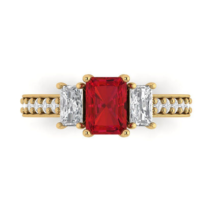 1.88 cttw Simulated Pink Tourmaline Three-Stone Engagement Ring - Solid Yellow Gold (VVS1, Emerald Cut,7x5mm)