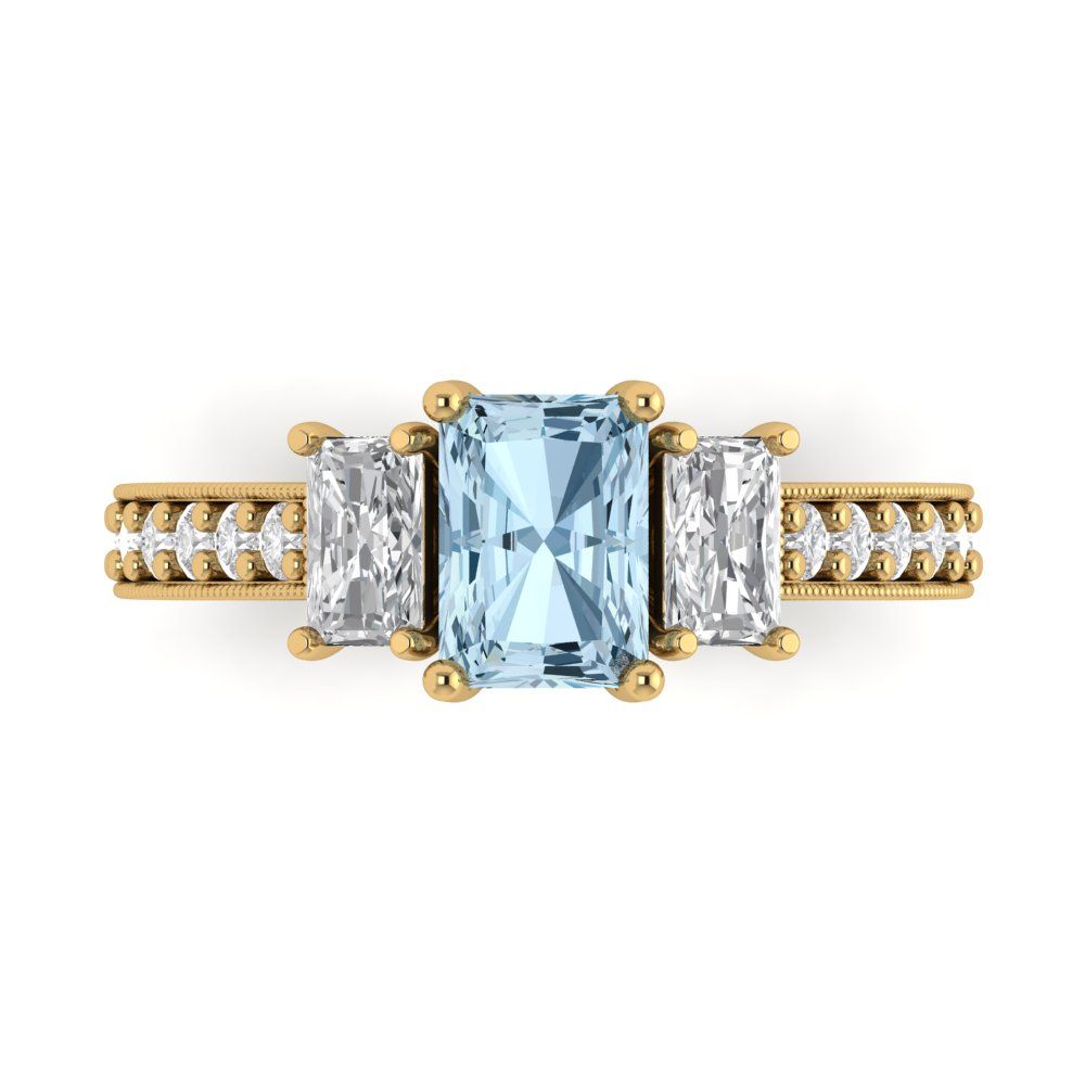 1.88 cttw Natural Swiss Blue Topaz Three-Stone Engagement Ring - Solid Yellow Gold (VVS1, Emerald Cut,7x5mm)