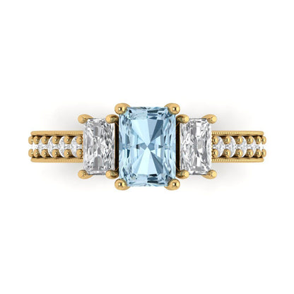 1.88 cttw Natural Swiss Blue Topaz Three-Stone Engagement Ring - Solid Yellow Gold (VVS1, Emerald Cut,7x5mm)