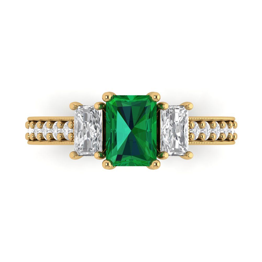 1.88 cttw Simulated Emerald Three-Stone Engagement Ring - Solid Gold (Emerald Cut,7x5mm)