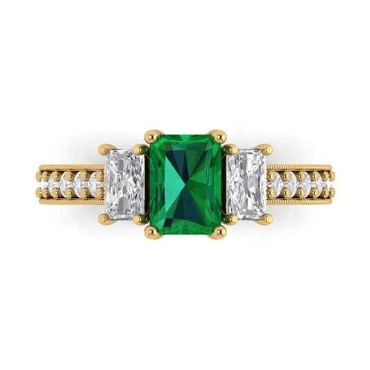 1.88 cttw Simulated Emerald Three-Stone Engagement Ring - Solid Yellow Gold (VVS1, Emerald Cut,7x5mm)
