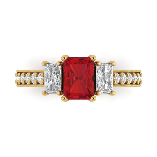 1.88 cttw Simulated Ruby Three-Stone Engagement Ring - Solid Yellow Gold (VVS1, Emerald Cut,7x5mm)