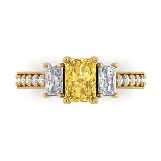 1.88 cttw Zirconia Simulated Yellow Diamond Three-Stone Engagement Ring - Solid Yellow Gold (VVS1, Emerald Cut,7x5mm)