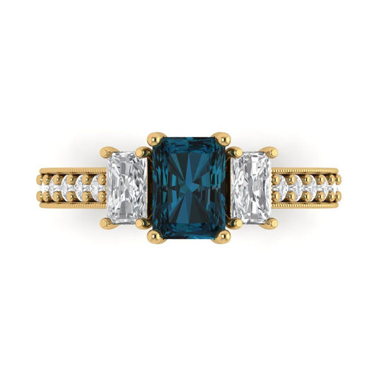 1.88 cttw Natural London Blue Topaz Three-Stone Engagement Ring - Solid Yellow Gold (VVS1, Emerald Cut,7x5mm)
