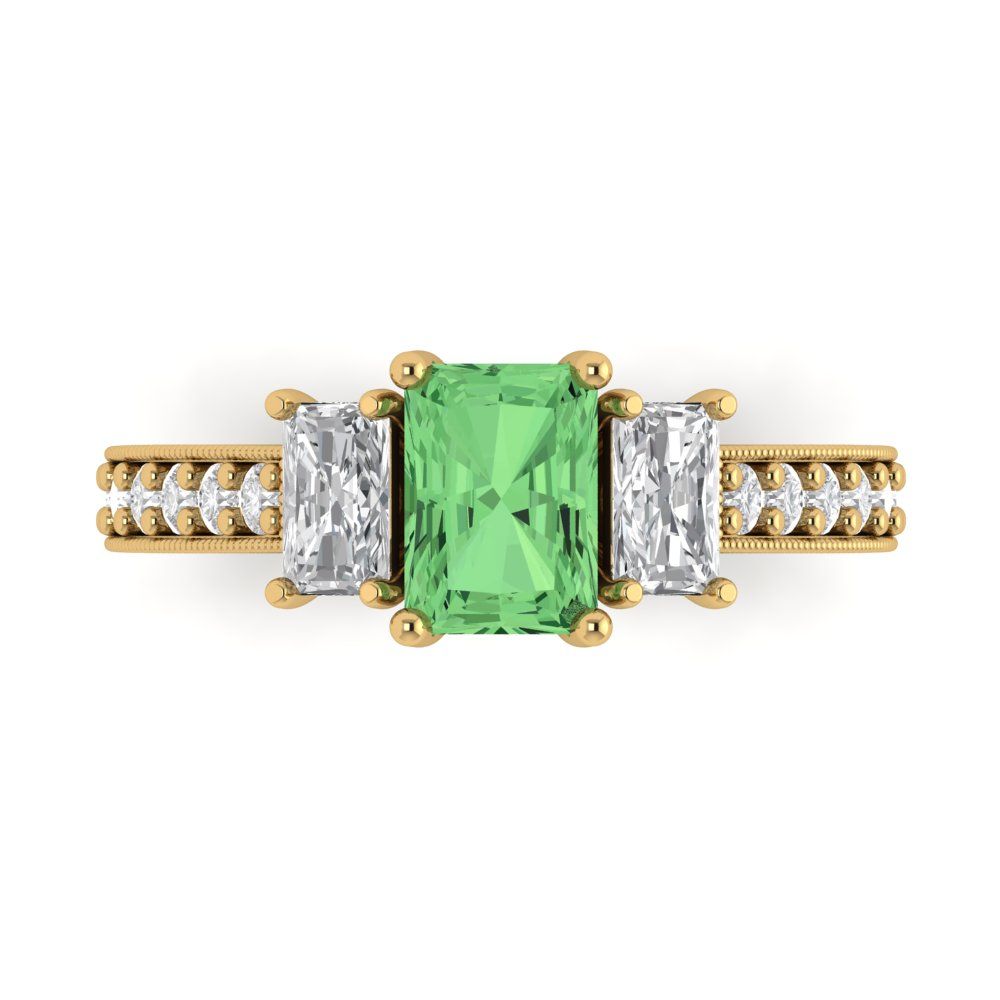 1.88 cttw Zirconia Simulated Green Diamond Three-Stone Engagement Ring - Solid Gold (VVS1, Emerald Cut,7x5mm)
