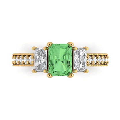 1.88 cttw Zirconia Simulated Green Diamond Three-Stone Engagement Ring - Solid Gold (VVS1, Emerald Cut,7x5mm)