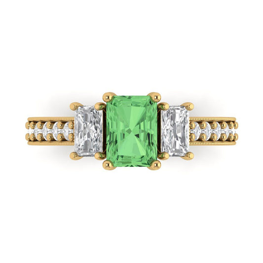 1.88 cttw Zirconia Simulated Green Diamond Three-Stone Engagement Ring - Solid Yellow Gold (VVS1, Emerald Cut,7x5mm)
