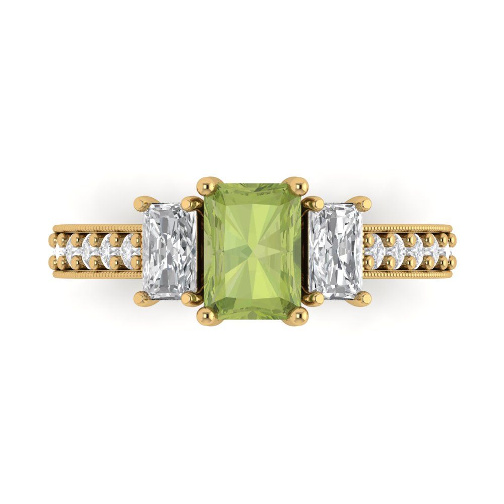 1.88 cttw Natural Peridot Three-Stone Engagement Ring - Solid Gold (Emerald Cut,7x5mm)