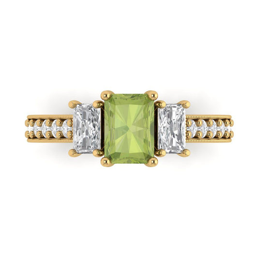 1.88 cttw Natural Peridot Three-Stone Engagement Ring - Solid Yellow Gold (VVS1, Emerald Cut,7x5mm)