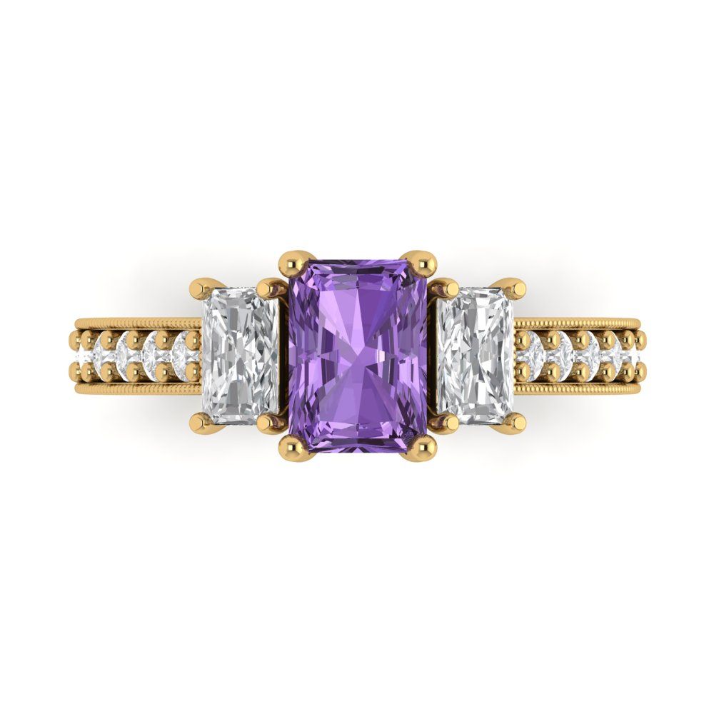 1.88 cttw Simulated Alexandrite Three-Stone Engagement Ring - Solid Gold (Emerald Cut,7x5mm)