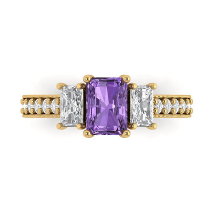 1.88 cttw Simulated Alexandrite Three-Stone Engagement Ring - Solid Gold (Emerald Cut,7x5mm)