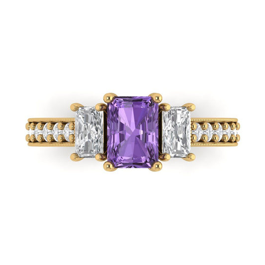 1.88 cttw Simulated Alexandrite Three-Stone Engagement Ring - Solid Yellow Gold (VVS1, Emerald Cut,7x5mm)