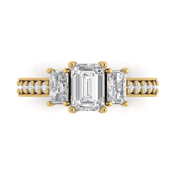 1.82 ct Brilliant Emerald Cut Genuine Cultured Diamond Stone Clarity VS1-2 Color J-K Yellow Gold Solitaire with Accents Three-Stone Ring