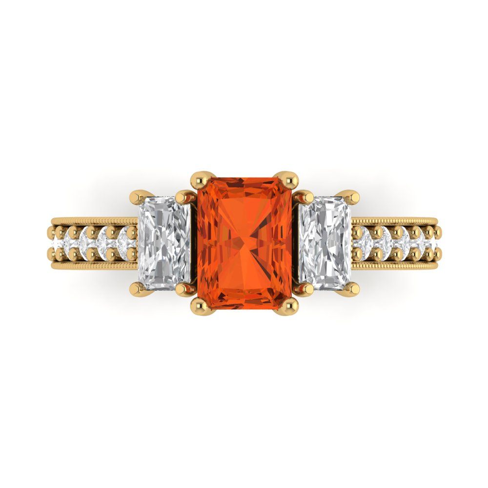 1.88 cttw Zirconia Simulated Red Diamond Three-Stone Engagement Ring - Solid Gold (VVS1, Emerald Cut,7x5mm)